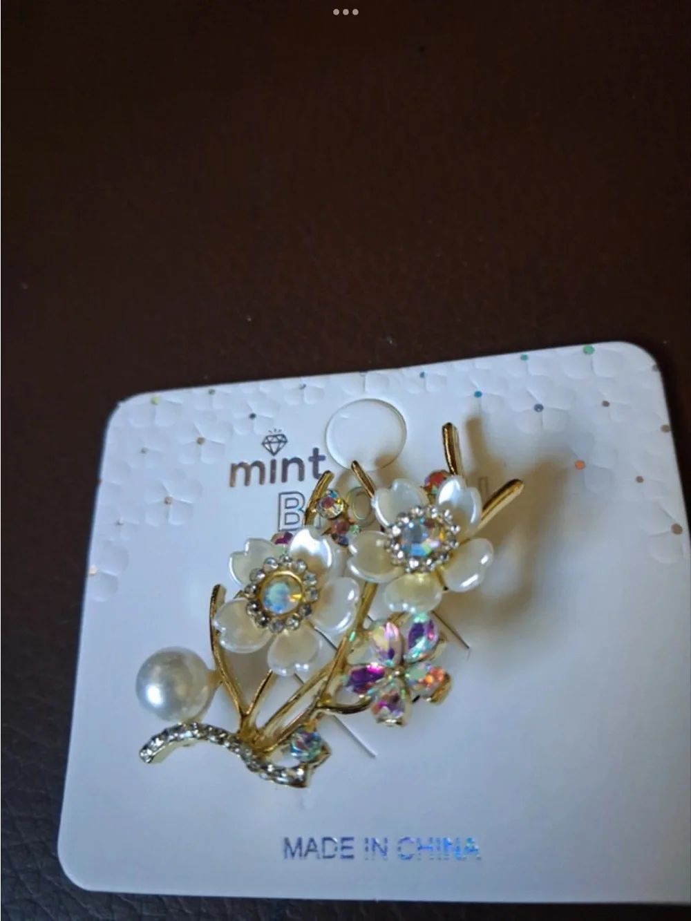 Mint Gold Floral Brooch with White Pearls and Iridescent Crystals